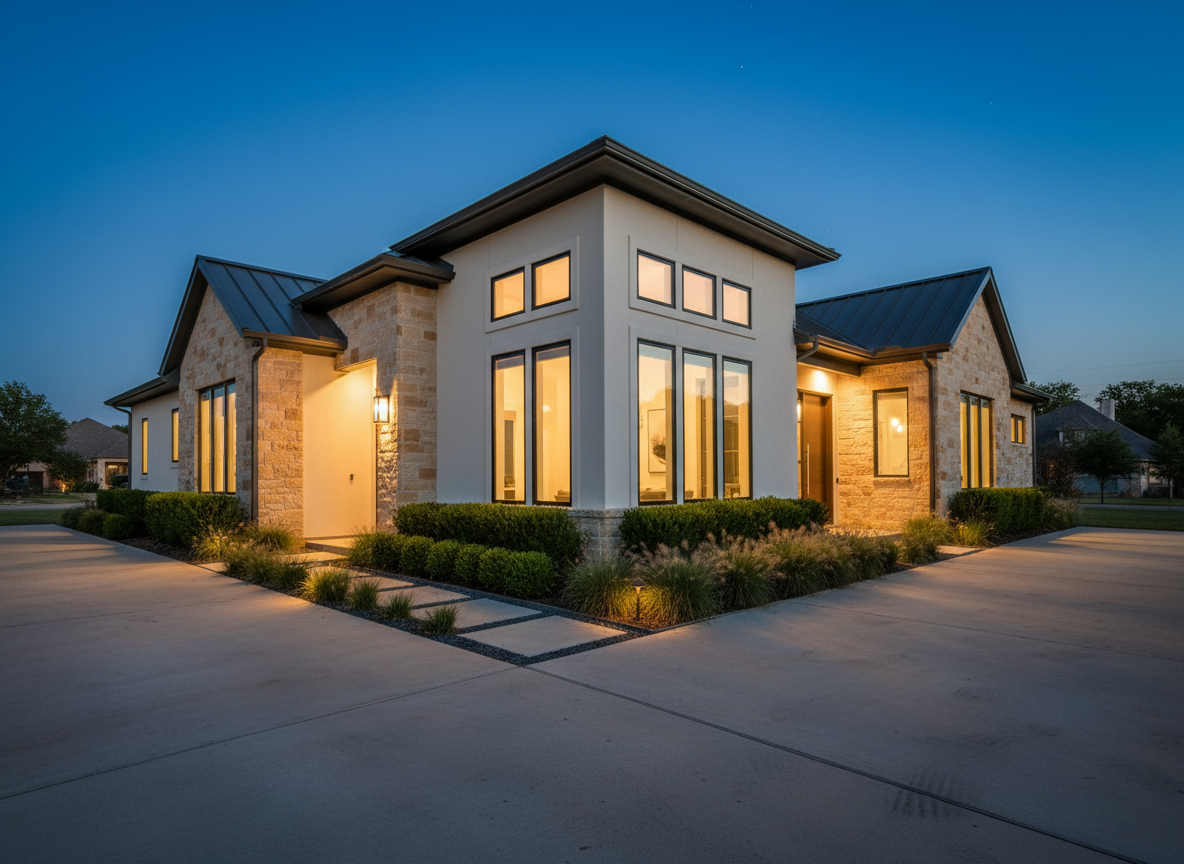 A twilight exterior of a contemporary North Texas home, with clean stucco and stone cladding, a charcoal metal roofline, and carefully framed black aluminum windows. Warm interior lights glow through the glass, contrasting with the deep blue evening sky. The front pathway, edged with low boxwood hedges and uplighting on native grasses, leads to a solid wood pivot door with a sleek metal handle. Shot from a low corner angle, the driveway and entry create strong leading lines toward the house, while a shallow depth of field keeps the property in sharp detail against a subtly blurred neighborhood backdrop. The mood is aspirational yet grounded, with a luxurious, photographic style that highlights curated residential listings across North Texas.