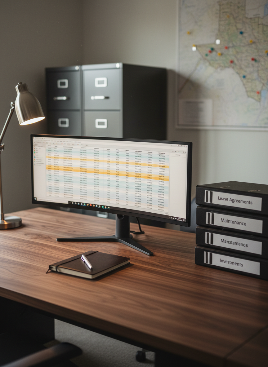 A well-organized property management workspace, featuring a dark walnut desk with fine grain visible, a large ultrawide monitor displaying a detailed spreadsheet of property metrics, and neat stacks of labeled, matte-black binders reading “Lease Agreements,” “Maintenance,” and “Investments.” A minimalist brushed-steel desk lamp casts soft, focused light onto a leather-bound notebook and a slim metal pen, while indirect daylight seeps in from an unseen window, giving the room a calm, balanced glow. Shot from a three-quarter angle at desk height, with shallow depth of field subtly softening the distant filing cabinets and wall-mounted map of North Texas. The atmosphere is disciplined, precise, and highly professional, rendered in clean photographic realism to convey trustworthy, data-driven property management services.