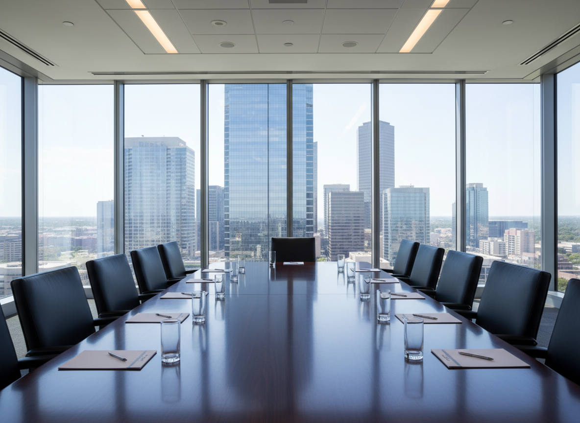 A polished conference-style space inside a modern commercial building, showcasing a long, dark-stained wood boardroom table with a satin finish, surrounded by high-back leather chairs neatly pushed in. Beyond the floor-to-ceiling glass walls, a panoramic view of a North Texas business district with glass towers and mid-rise offices stretches into the distance, softly out of focus. Cool daylight filters through, balanced by subtle recessed ceiling lights, creating crisp reflections on the table’s surface. Captured from a slightly elevated angle with sharp focus throughout, the composition emphasizes order, professionalism, and long-term stability. The mood is strategic and corporate, rendered in photographic realism that conveys expert commercial property management and high-value investment opportunities.