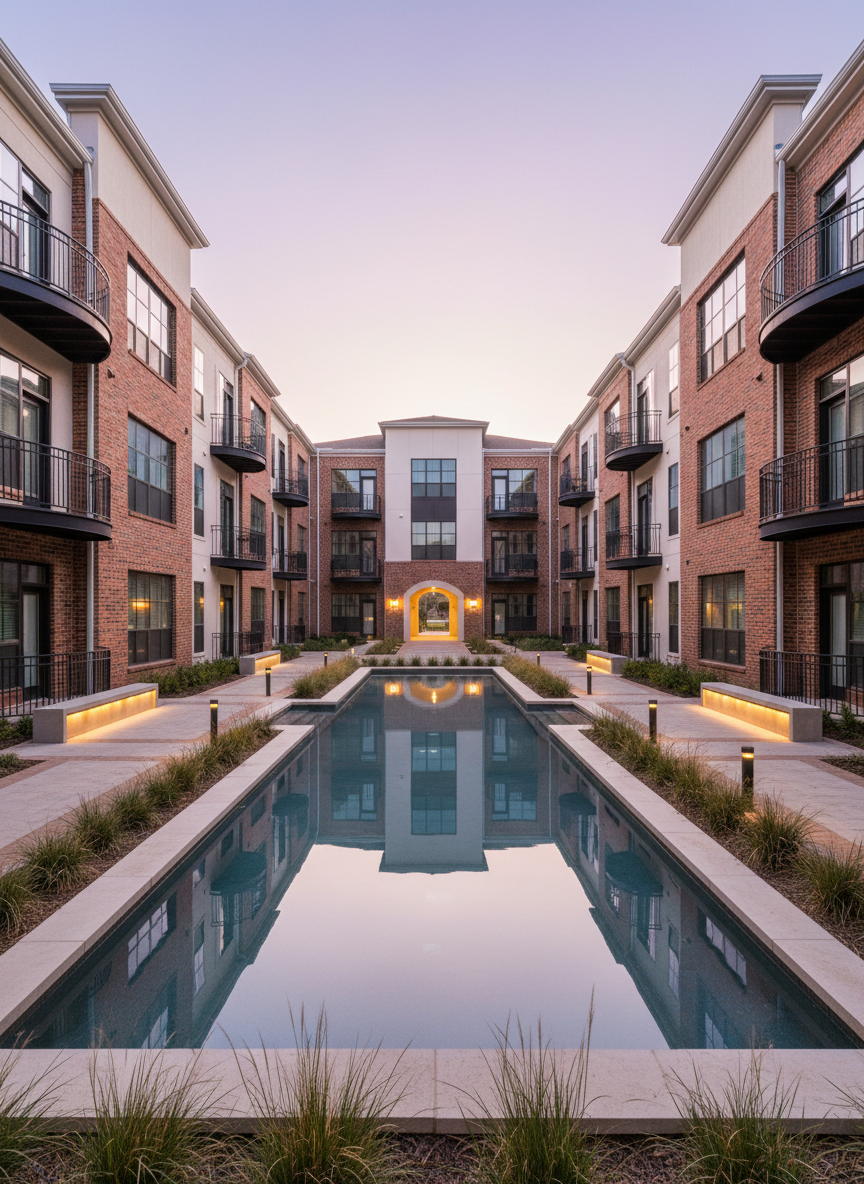 A quiet, meticulously maintained multifamily property courtyard in North Texas, featuring a central rectangular reflecting pool framed by smooth limestone coping and neatly clipped ornamental grasses. Surrounding it are three- and four-story brick and stucco buildings with black metal balconies and large, grid-style windows. Discreet pathway lights and soft, indirect LED lighting under benches create an ambient glow in the early evening, while the sky still holds a gentle lavender hue. Photographed from a slightly elevated vantage point, the composition emphasizes symmetry and depth, drawing the eye along the water feature toward the buildings. The mood is orderly and secure, rendered in clean photographic realism that communicates careful property management and long-term community value.