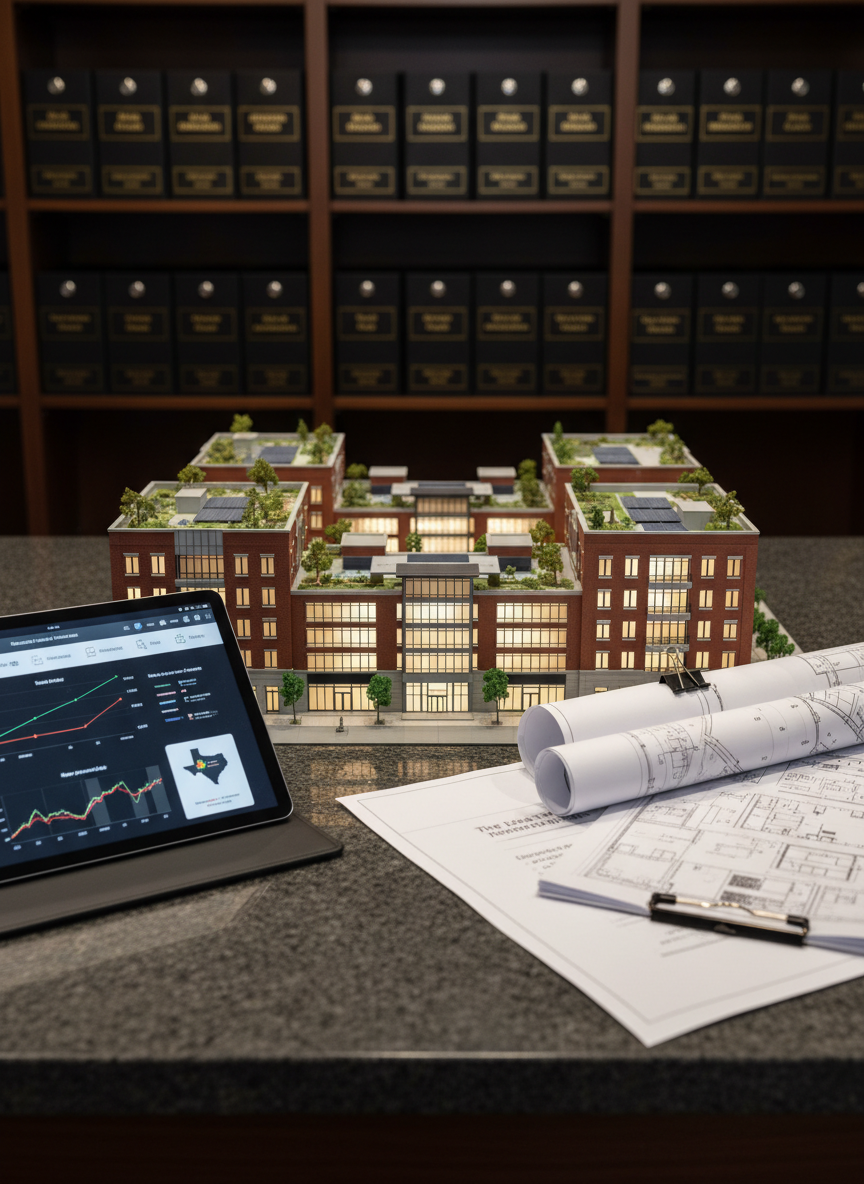 A refined investment-focused scene set on a dark stone countertop, displaying a detailed architectural scale model of a mixed-use development with miniature brick facades, glass storefronts, and rooftop greenery. Beside it rests a sleek, brushed-aluminum tablet showing charts of rental yields and appreciation curves, along with a neat stack of printed site plans bound with a simple black clip. Soft, diffused studio lighting from above highlights the textures of the model buildings and creates gentle reflections on the tablet’s screen. Captured from a low, close perspective, the foreground elements are in sharp focus while the background fades into a subtle bokeh of shelves with labeled project boxes. The mood is analytical yet optimistic, in sophisticated photographic realism that underscores strategic real estate investment advisory across North Texas.