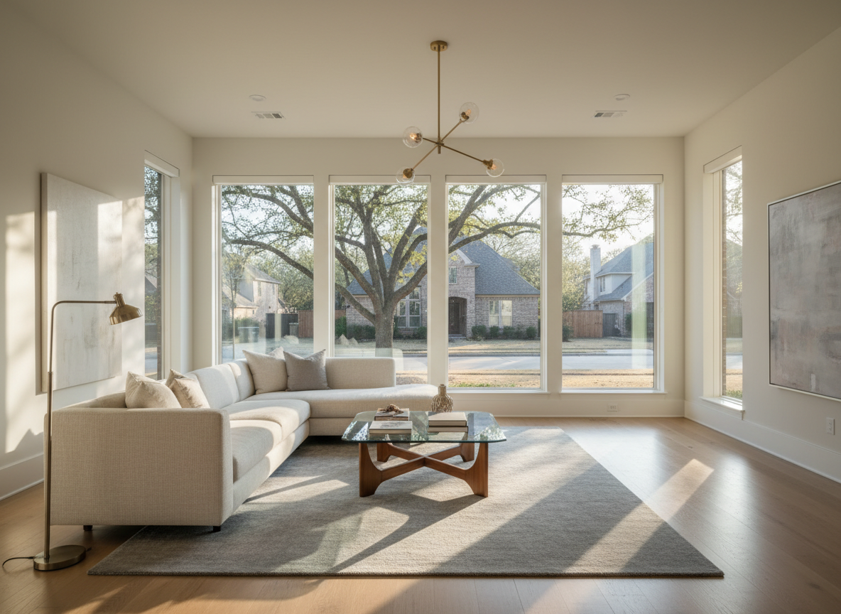 An elegant, sunlit living room in a high-end North Texas home, featuring a low-profile ivory sectional sofa with textured linen upholstery and a glass-topped walnut coffee table resting on a soft, dove-gray rug. Floor-to-ceiling windows reveal a manicured suburban streetscape with mature trees and brick facades, subtly blurred. Late afternoon natural light pours in, casting refined shadows on smooth oak floors and highlighting brushed metal fixtures. Photographed at eye level with a wide lens, the composition follows the rule of thirds, creating a spacious, inviting feel that suggests premium residential listings. The atmosphere is calm, sophisticated, and meticulously organized, rendered in clean, photographic realism suitable for a luxury real estate advisory site.